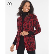 Chico's Embellished Paisley Open Front Jacket Blazer Red Black Women's Size 0