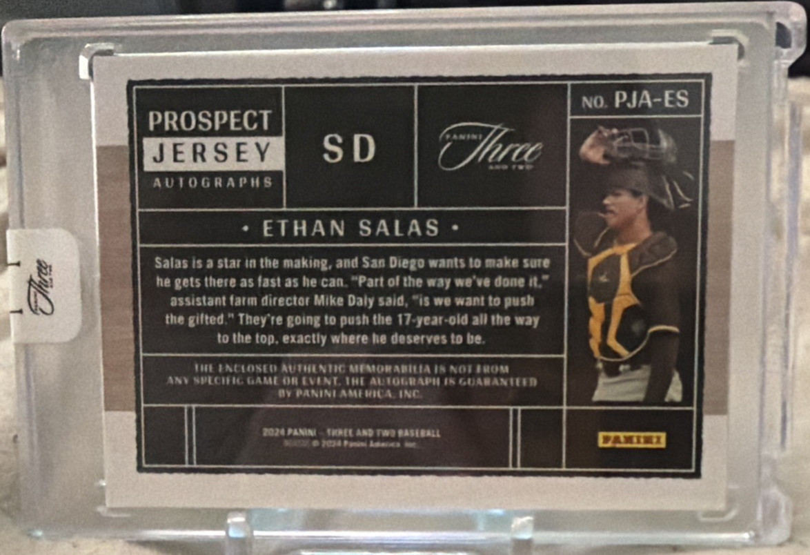 2024 Panini Three and Two Ethan Salas Sealed Prospect Patch Auto 47/99 view 2