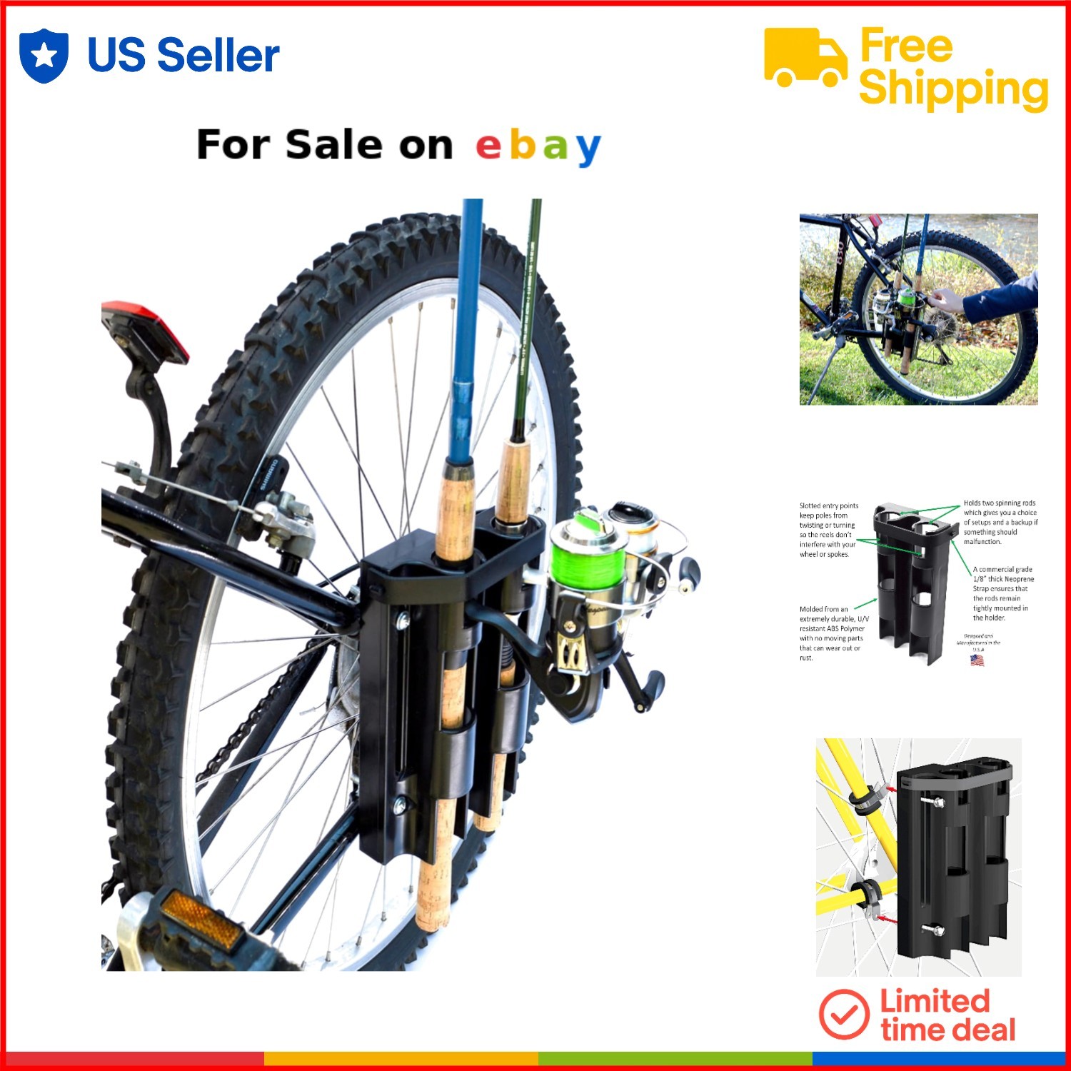 Fishing Rod Holder Bike Bicycle Mount Secure 2 Rods Outdoor Lightweight