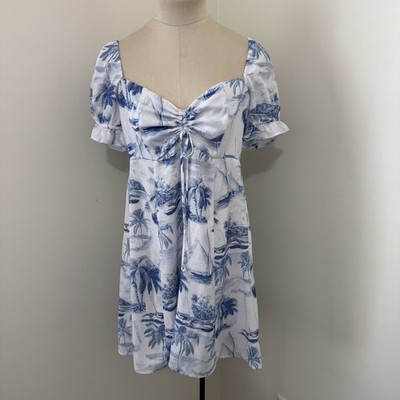 Show Me Your MuMu Large Della Mini Dress Sail Away Blue Toile Puff Sleeve Beach