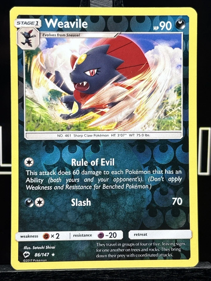 Pokemon Sun & Moon Burning Shadows TCG Card REVERSE HOLO Weavile 86/147 - Image 3 of 4