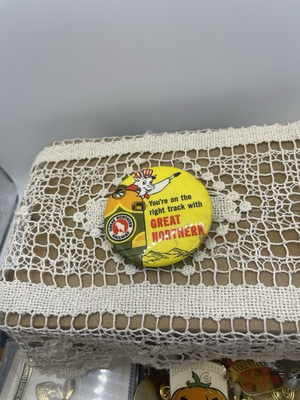 #ad 1950#x27;s You#x27;re On Right Track With GREAT NORTHERN railroad 2.25quot; pinback button $28.00