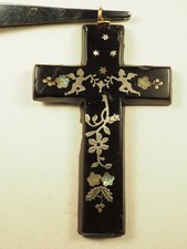 CROIX PENDENTIF ANCIENNE PIQUE XIX CROSS INLAY PENDANT FAUX TORTOISE