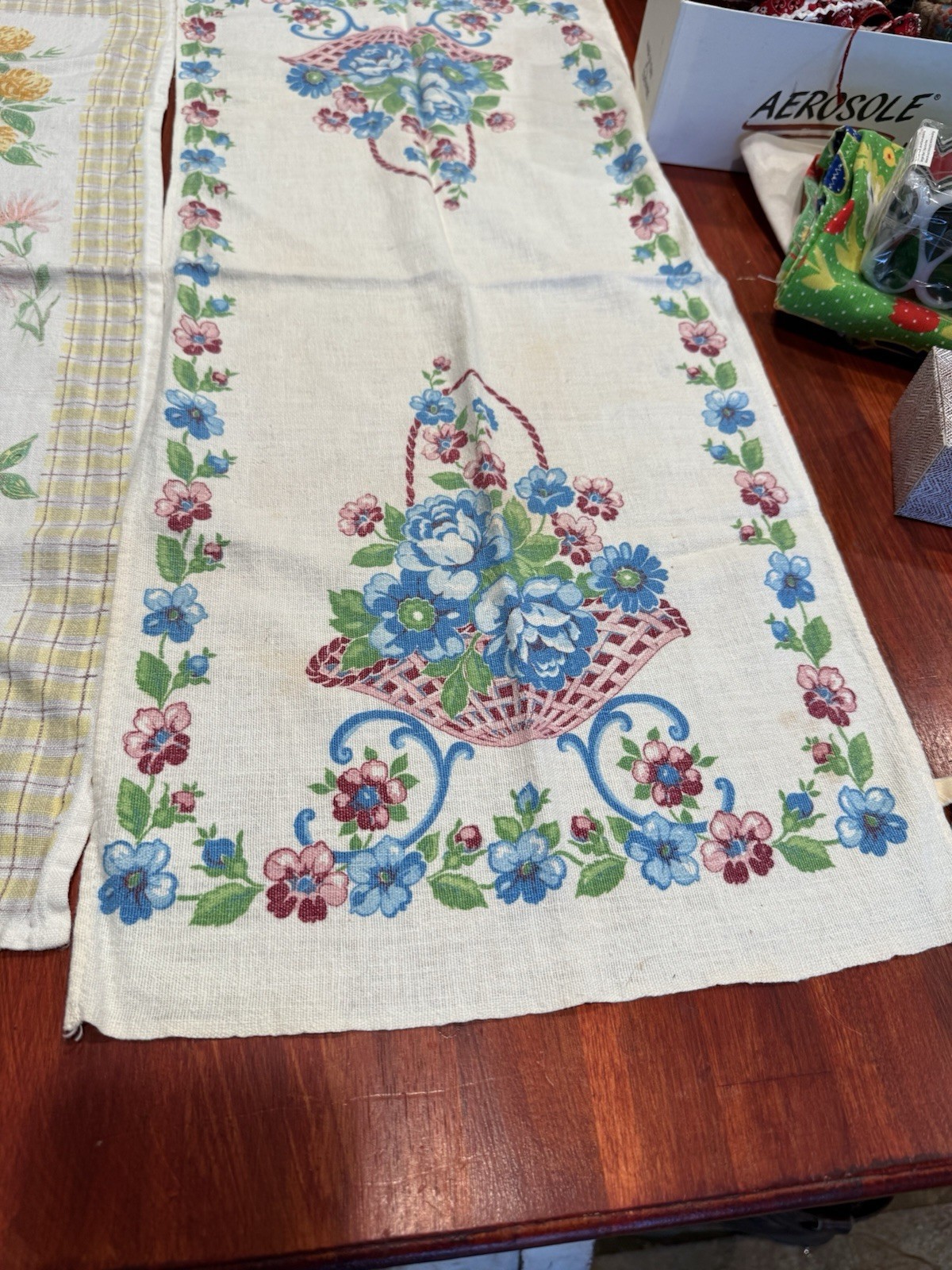 Set of Two Dresser Scarves or Table Runners Vintage Retro Flower Design Fabric 