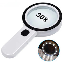 30X Jumbo Handheld Magnifying Glass w/ 12 Bright LED Light Illuminated Magnifier