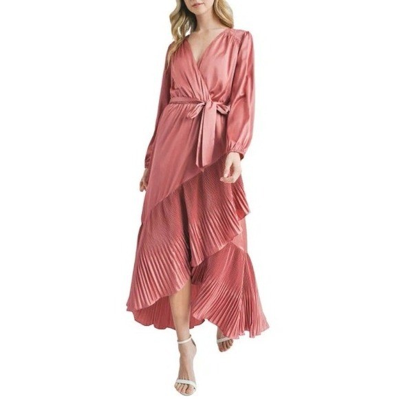 short sleeve asymmetric hem satin maxi dress mila mae MILA MAE Asymmetric Pleated Belted Long Sleeve Dress In Mauve Small NWT