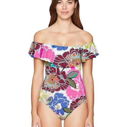 Trina Turk Womens 1pc Swimsuit Off Shoulder Ruffle Radiant Blooms Size 8 - Picture 15 of 16