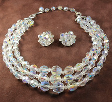 Vtg AURORA BOREALIS Necklace Triple Strand 15''Choker  Earrings Faceted Crystal