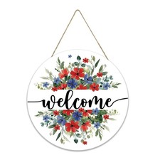 Smile Patriotic Red  Blue Floral Welcome Wooden Round Door Hanger, 4th of Ju...