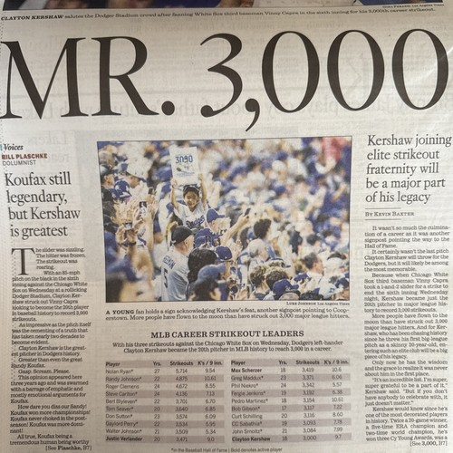 Los Angeles Times July 4 2025 CLAYTON KERSHAW Gets 3000th strikeout DODGERS - 第 4/4 張圖片