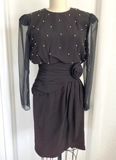 Vtg Stenay Black Pearl Beaded Rose Cocktail Party Dress Sz 3-4  Women READ