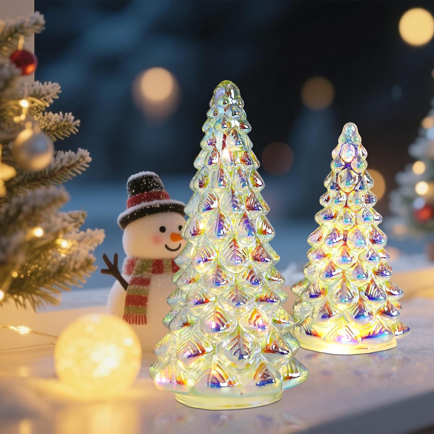 Mercury Glass Christmas Tree with Timer, Set of 2 Illuminated Silver Glass Trees