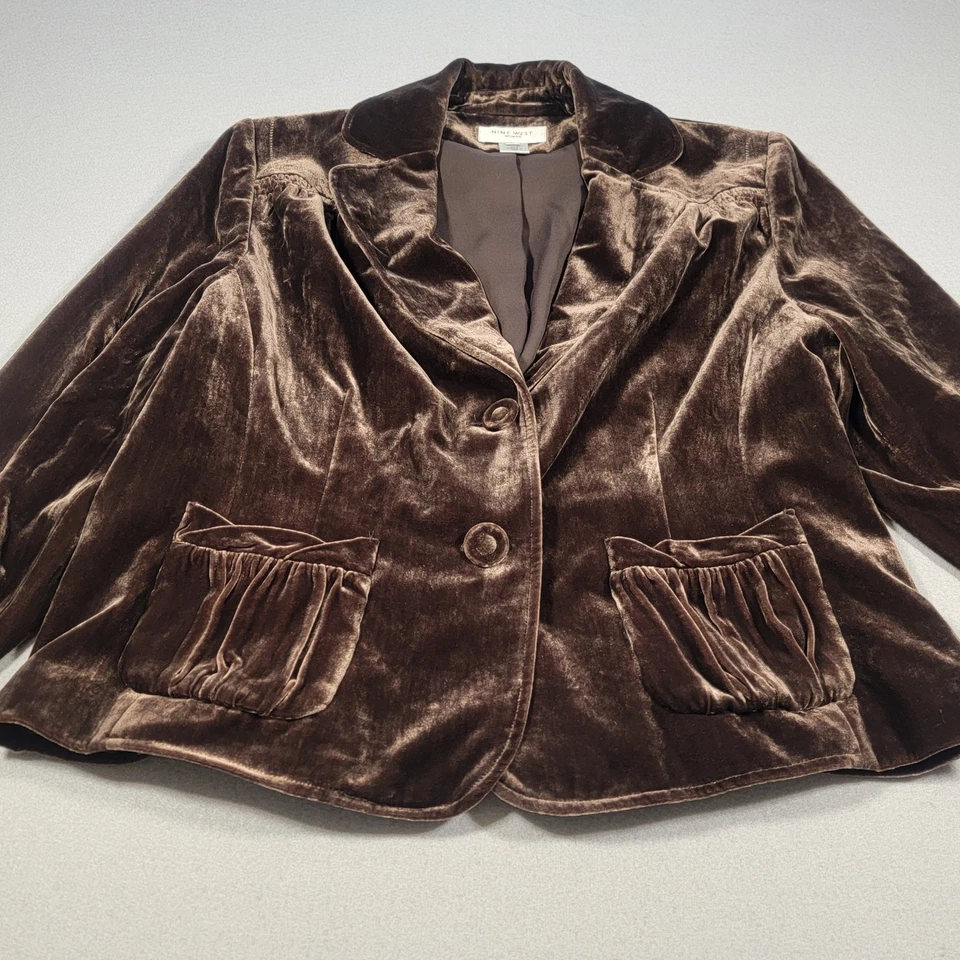 Nine West Woman Velvet Blazer Size 14 W Brown Silk Blend Button Front Ruched - Image 2 of 4