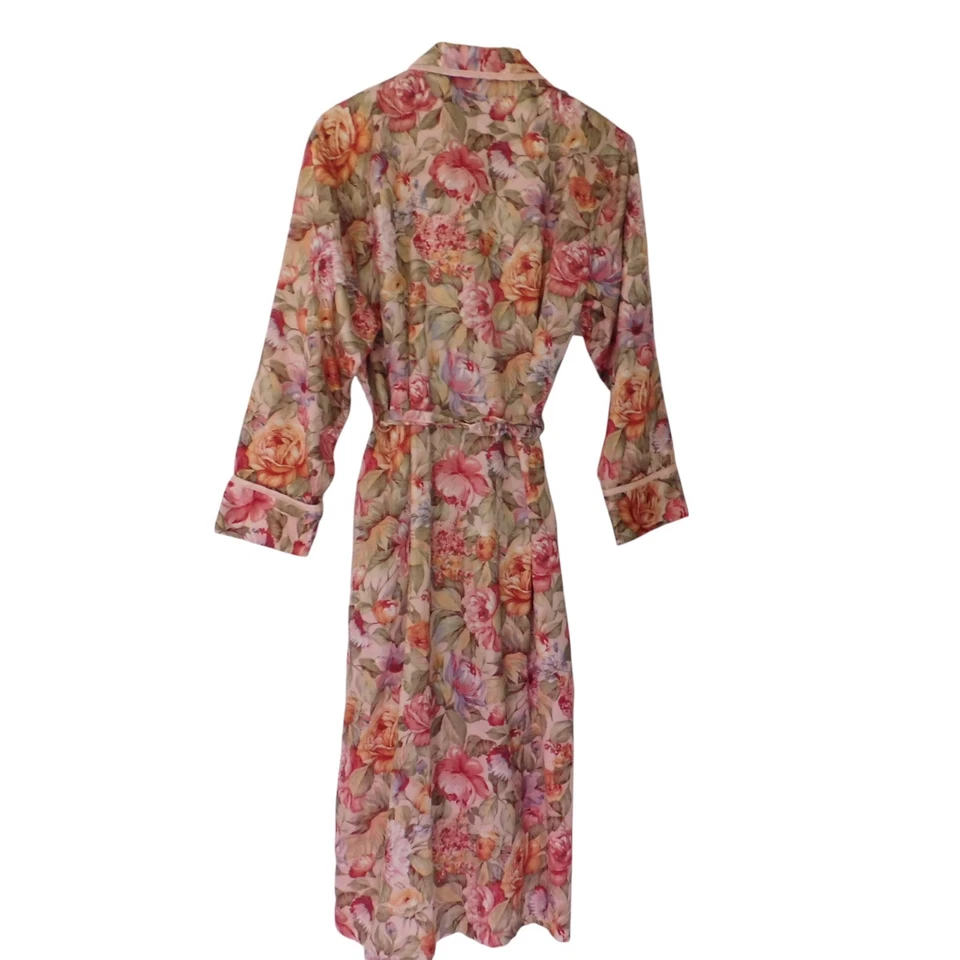 Womens Vintage Long Satin Robe Pink Floral Wrap Long Sleeves 90s Kathryn Medium - Image 4 of 4