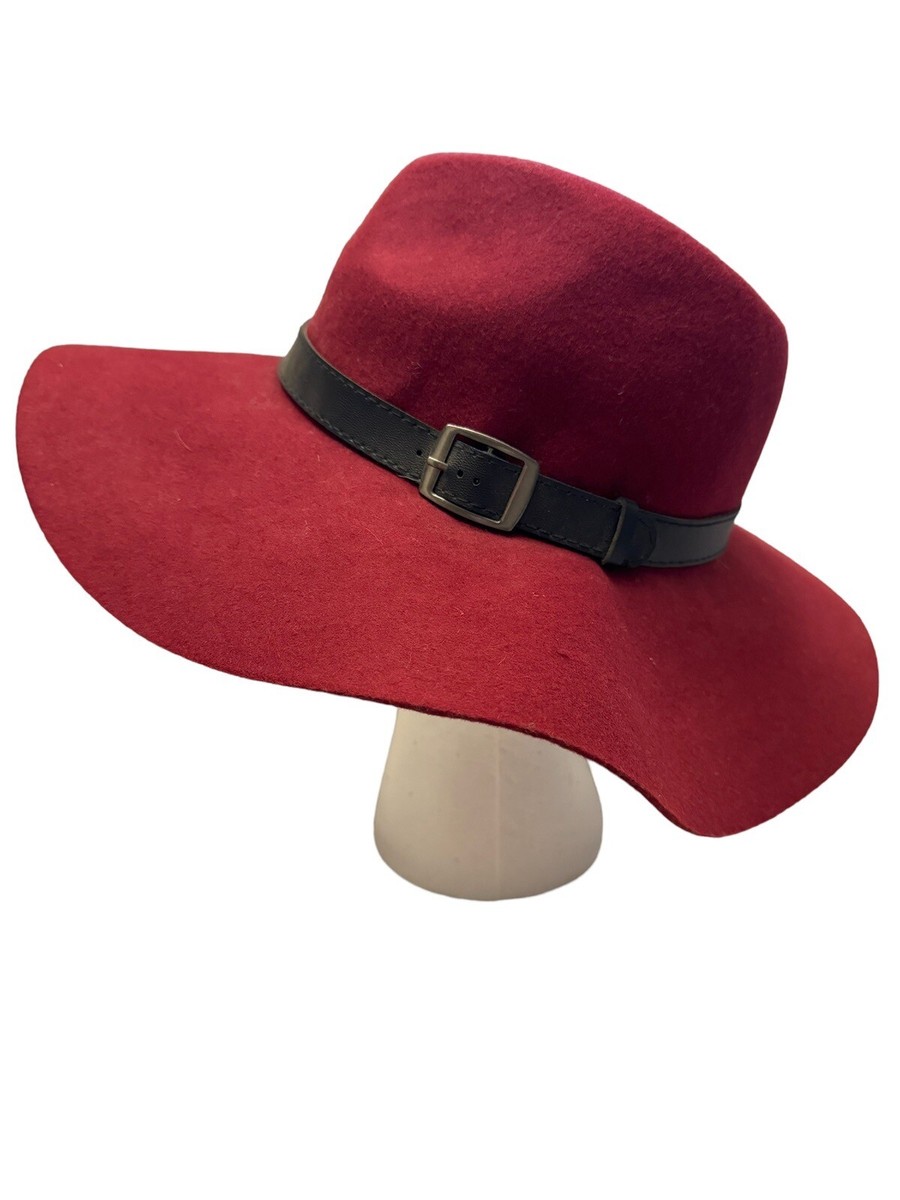 100% Wool Burgundy With Leather Band Buckle Floppy Hat *Flaw