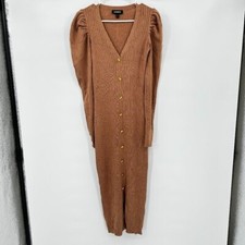 Express Puffed Sleeve Ribbed Sweater Dress Midi Maxi Women's SMALL Brown Tan