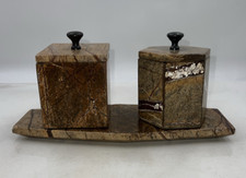 VTG Stone Canister Lidded Set Container Vanity Tray Hexagonal Brown Tan