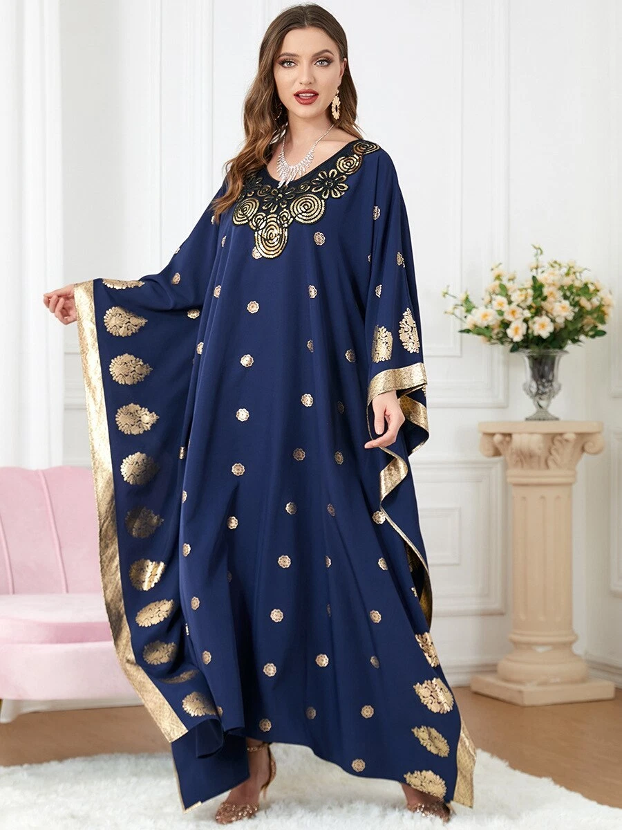 Muslim Loose Sequins Dress Abaya Islamic Kaftan Arab Bat Sleeve