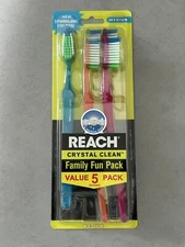 Reach Crystal Clean Family Fun Pack Medium Toothbrushes 5 Pack NEW 2015