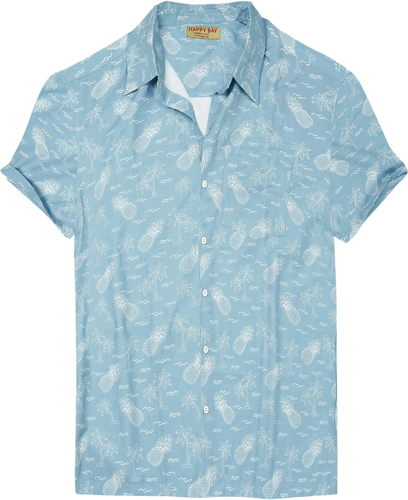 HAPPY BAY Men's Hawaiian Short Sleeve Button Down Shirts L Pineapple, Blue