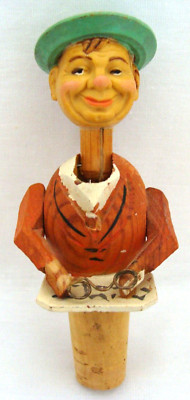 Wooden Mechanical Bottle Stopper Head Goes Up & Down And Arm Raises Glasses