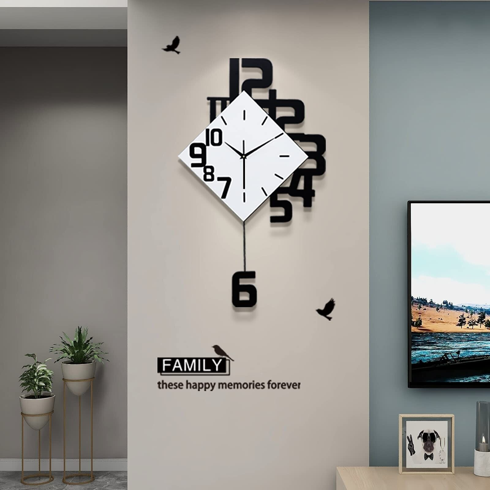 FLEBLE Large Wall Clocks for Living Room Decor Silent Pendulum Battery