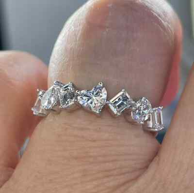 3Ct Heart Cut Real Moissanite Band Engagement Ring 14K White Gold Plated