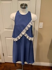 Tory Burch Blue Sleeveless Dress w/ White Lace Trim, Size 4