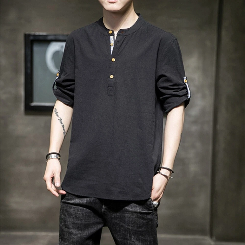 Men Cotton Linen Top Tee Shirt Roll Up 3/4 Sleeve Button Henley Neck T-shirt Top - Image 3 of 4