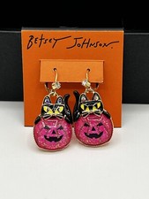 NEW Betsey Johnson Rich Witch Black Cat Pink Glitter Pumpkin Halloween Earrings