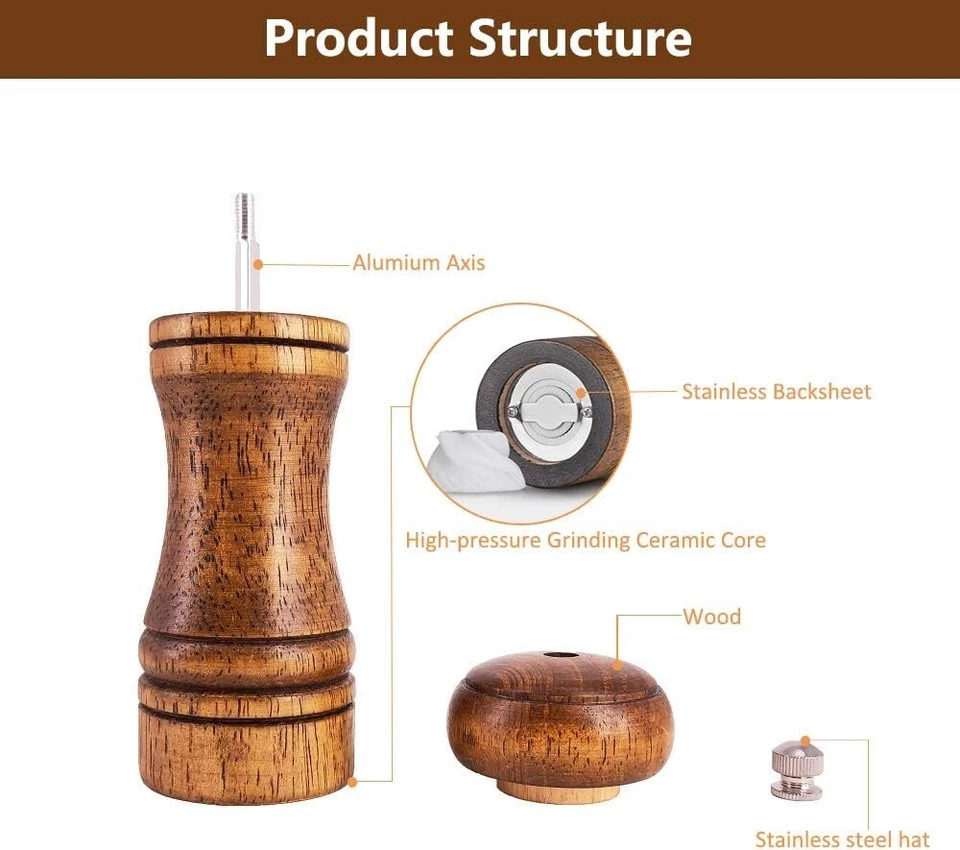 Juego de molino molinillo de sal y pimienta madera con tosquedad ajustable 5,5 pulgadas / juego de 2 Foto 3 de 4