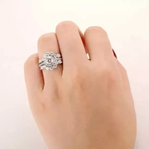 Engagement Trio Set Ring 3.00Ct Round Cut Real Moissanite 14K White Gold Plated - Picture 5 of 6