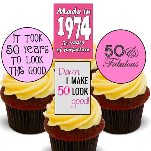 50th Birthday Female Edible Cupcake Toppers - Standup Cake Decorations Girl 1974 - Afbeelding 1 van 7