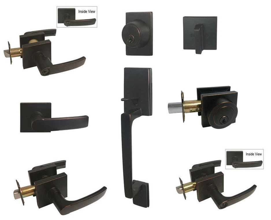 Cerraduras de palanca de puerta de bronce frotado con aceite placa cuadrada llave privacidad paso cerrojo Foto 2 de 2