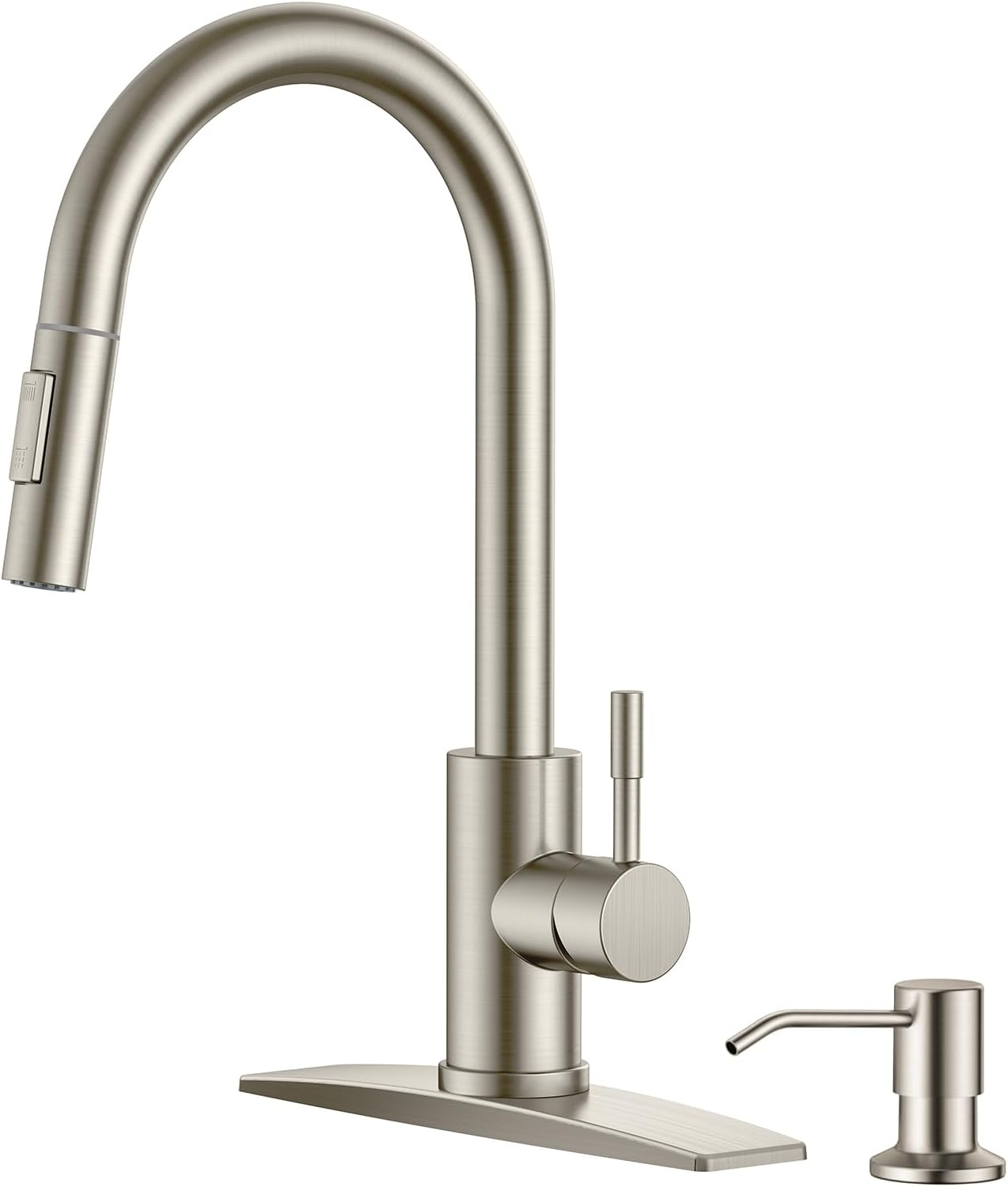 Brushed Nickel High Arc Modern Kitchen Faucet with Soap Dispenser