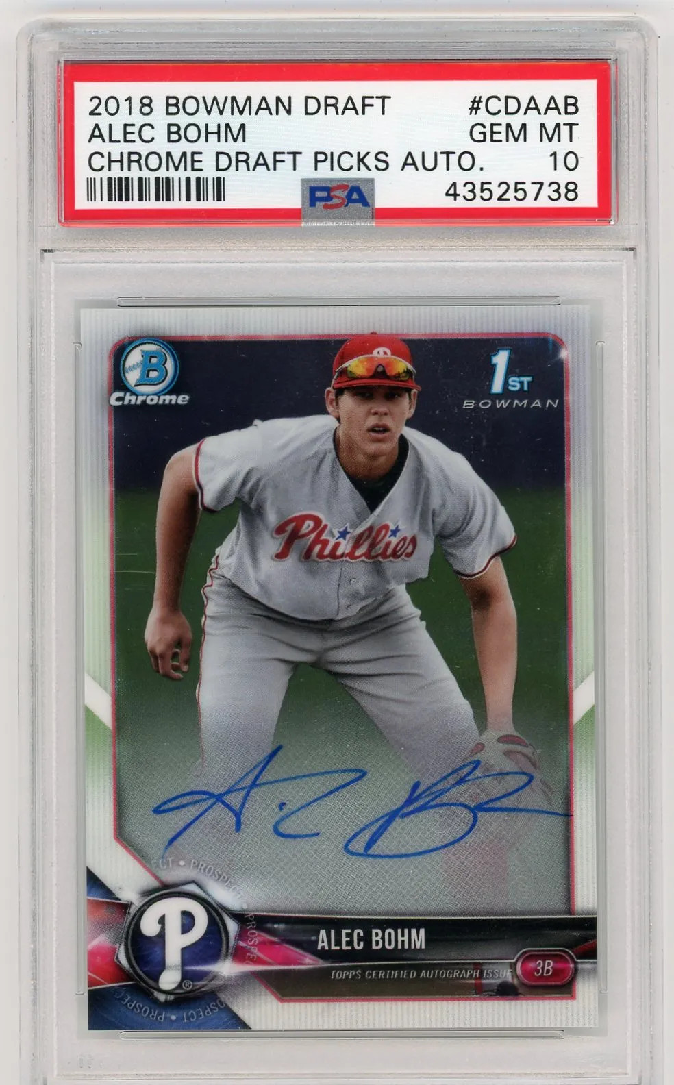 2018 Bowman Draft Chrome Draft Picks Auto Alec Bohm #CDAAB PSA 10