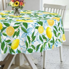 French Lemon Round Tablecloth 60x60 Inch Waterproof Fabric Kitchen Dining