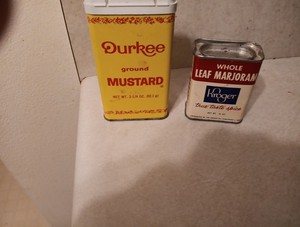 Vintage Spice Tins (3) Kroger Marjoram Durkee Ground Mustard, Tumeric, Godfrey 