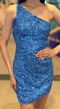 Sherri Hill #54403 One Shoulder Blue Sequin Short prom dress size 00 EUC
