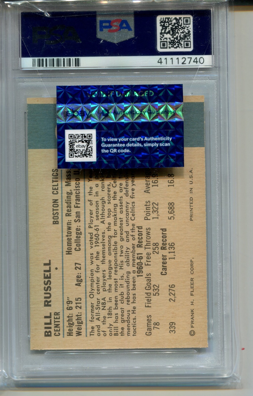 1961 Fleer Bill Russell Card PSA 9 MINT OC Graded Basketball #38 view 6