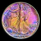 Walking Liberty Half Dollar 1942 AU 90% Silver Monster Rainbow Toning