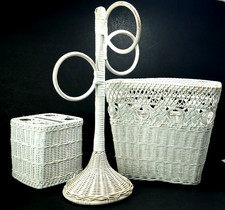 3 White Wicker Bathroom Set Towel Rack Tissue Cover Wastebasket French Country