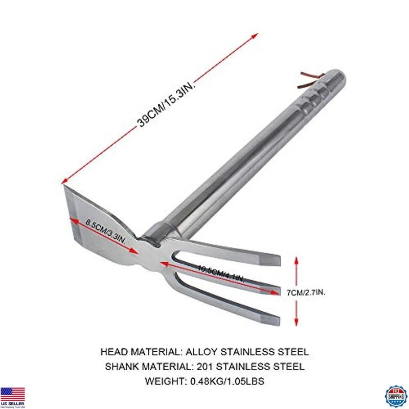 Herramienta de azada y rastrillo de jardín de acero inoxidable, 15" deshierbe y excavación de doble cabezal Foto 2 de 4