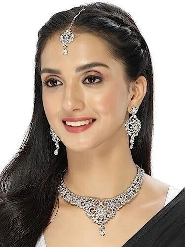 Rhodium Plated Silver AD Stones Collar Bone Necklace Set Earring Kundan Jewelry Foto 3 de 4