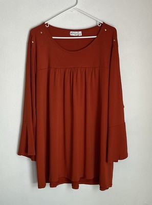 Kim Rogers Curvy Woman 3X Blouse Pullover Scoop Neck Long Sleeve Rust Orange