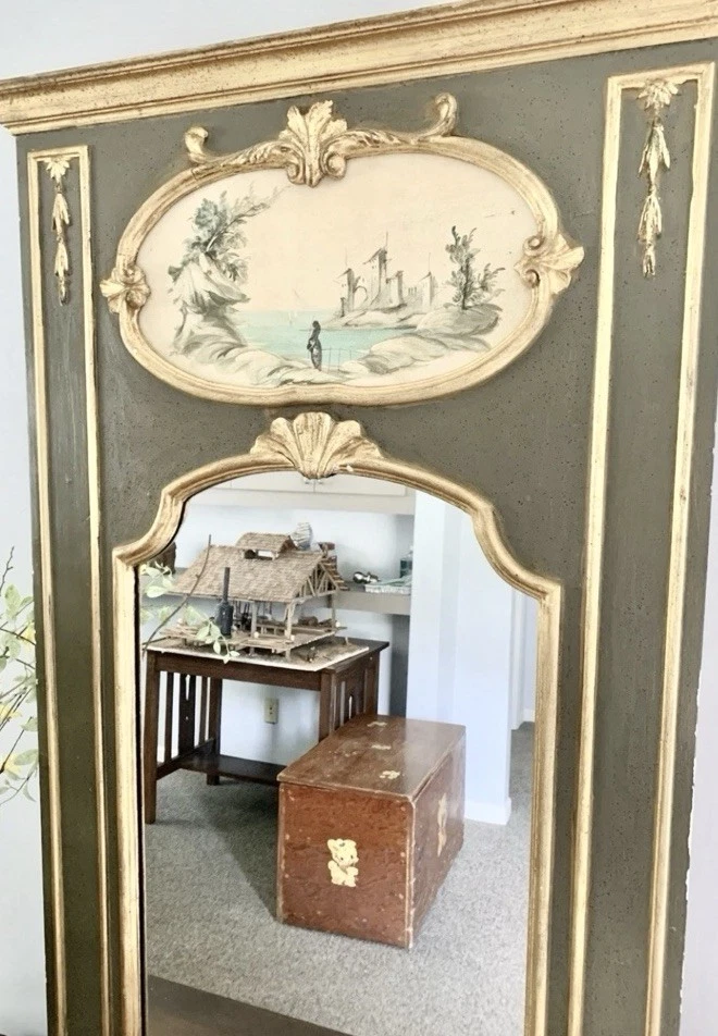 Espejo francés antiguo - LaBarge Trumeau piso madera dorada pintado siglo XX Foto 4 de 4