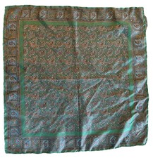 Vintage Italian Silk Pocket Square Scarf Green  Blue Paisley Made in Italy