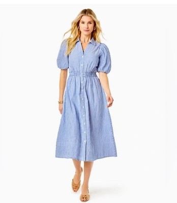 Lilly Pulitzer Tassie Midi Dress Oxford Stripe Coastal Blue Size 6 Cotton