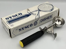 Vintage Sysco Stainless Steel Black Handle Yellow End Disher Thumb Action Scoop