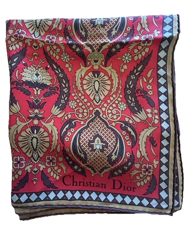 "Bufanda de seda Christian Dior de colección estampado cachemir borgoña rojo marrón dorado 30"" LOGO" Foto 2 de 4